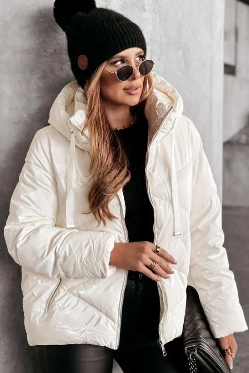 White Solid Quilted Hooded Zip Up Puffer Jackets - Love Salve